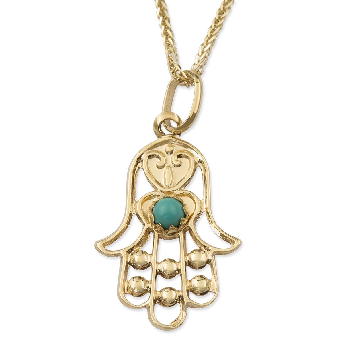 Ornate 14K Yellow Gold Hamsa Pendant Necklace With Turquoise Stone - 1