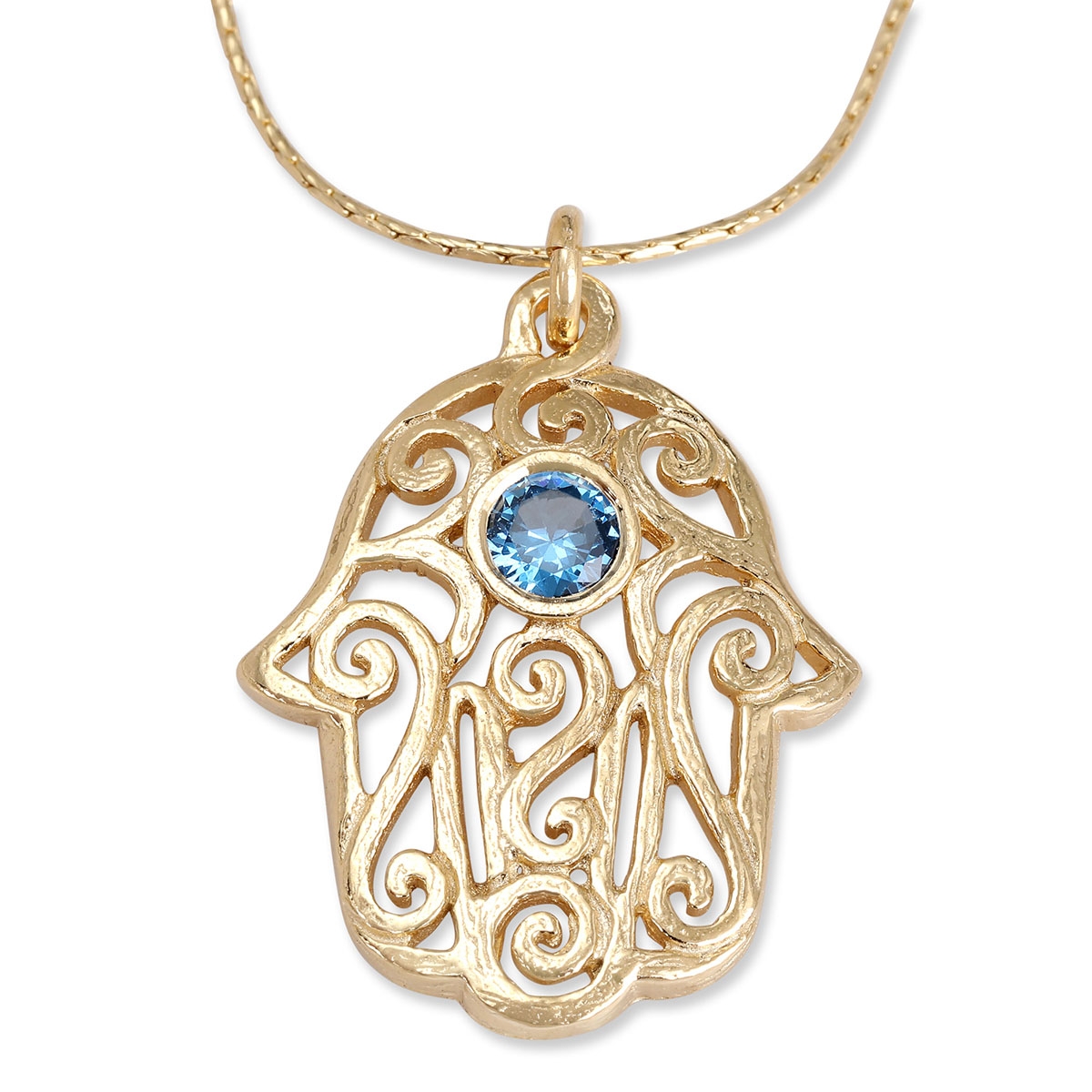 Gold-Plated Filigreed Hamsa Necklace With Blue Gemstone - 1