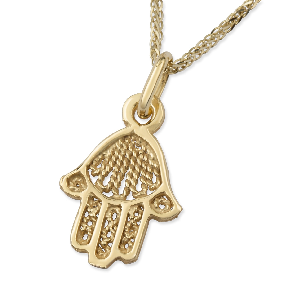 Chic 14K Yellow Gold Hamsa Pendant Necklace With Rope Filigree Design - 1