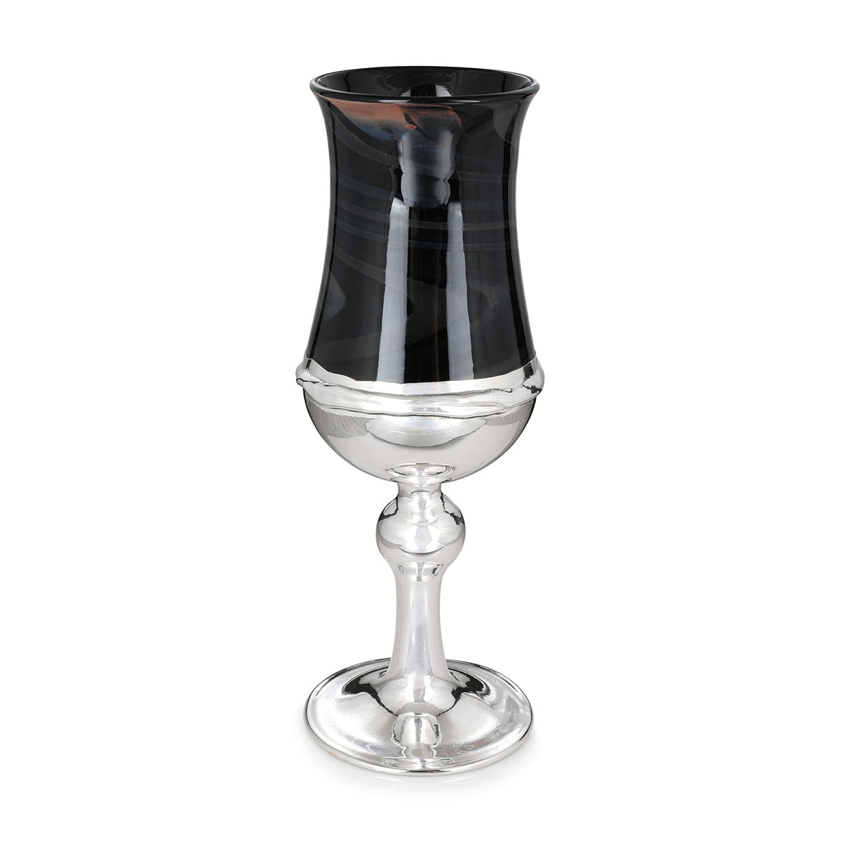 Handcrafted Glass and Sterling Silver Kiddush Cup With Black Swirling Design - 1