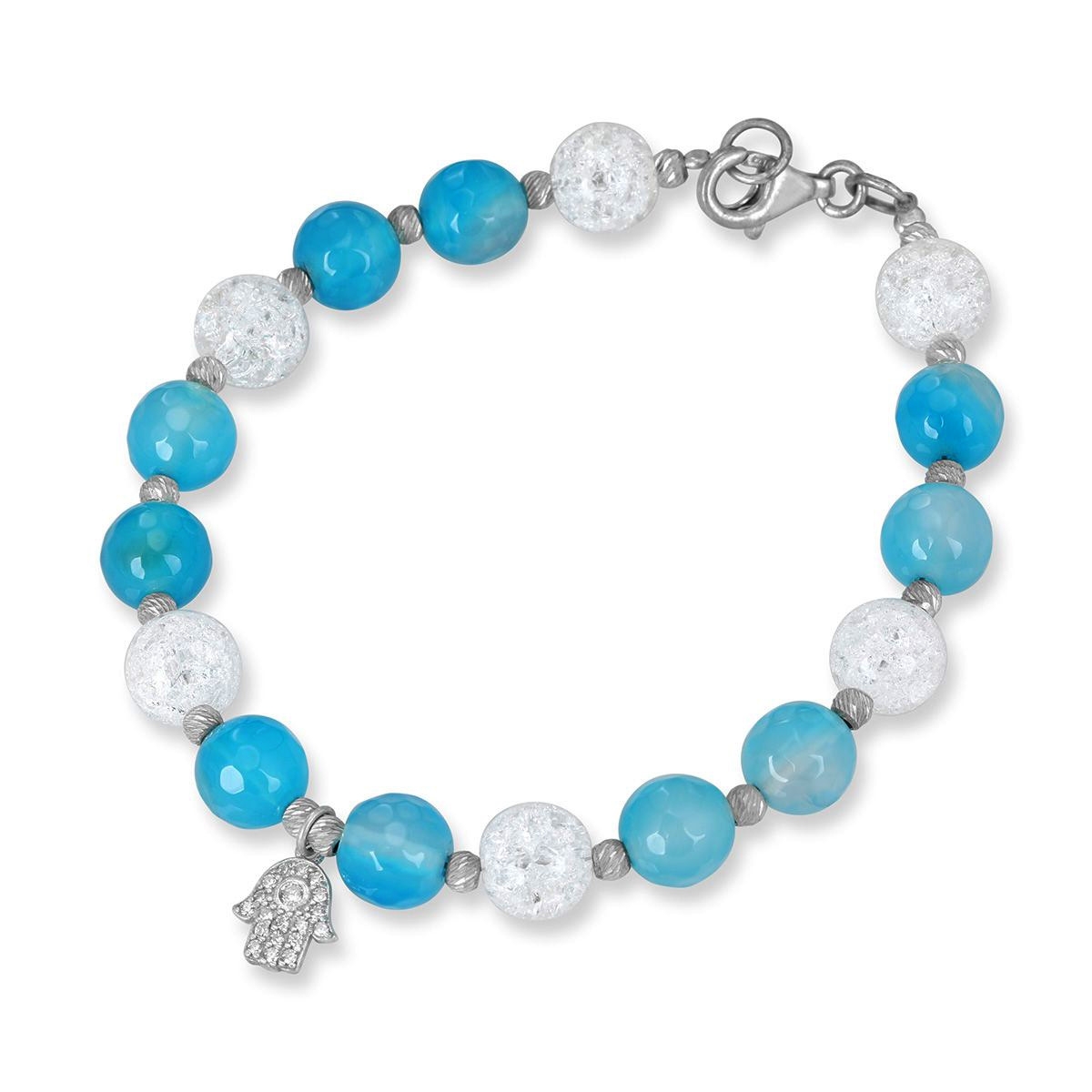 Rafael Jewelry Handcrafted Sterling Silver  Hamsa Bracelet With Crystal and Blue Agate Stones - 1