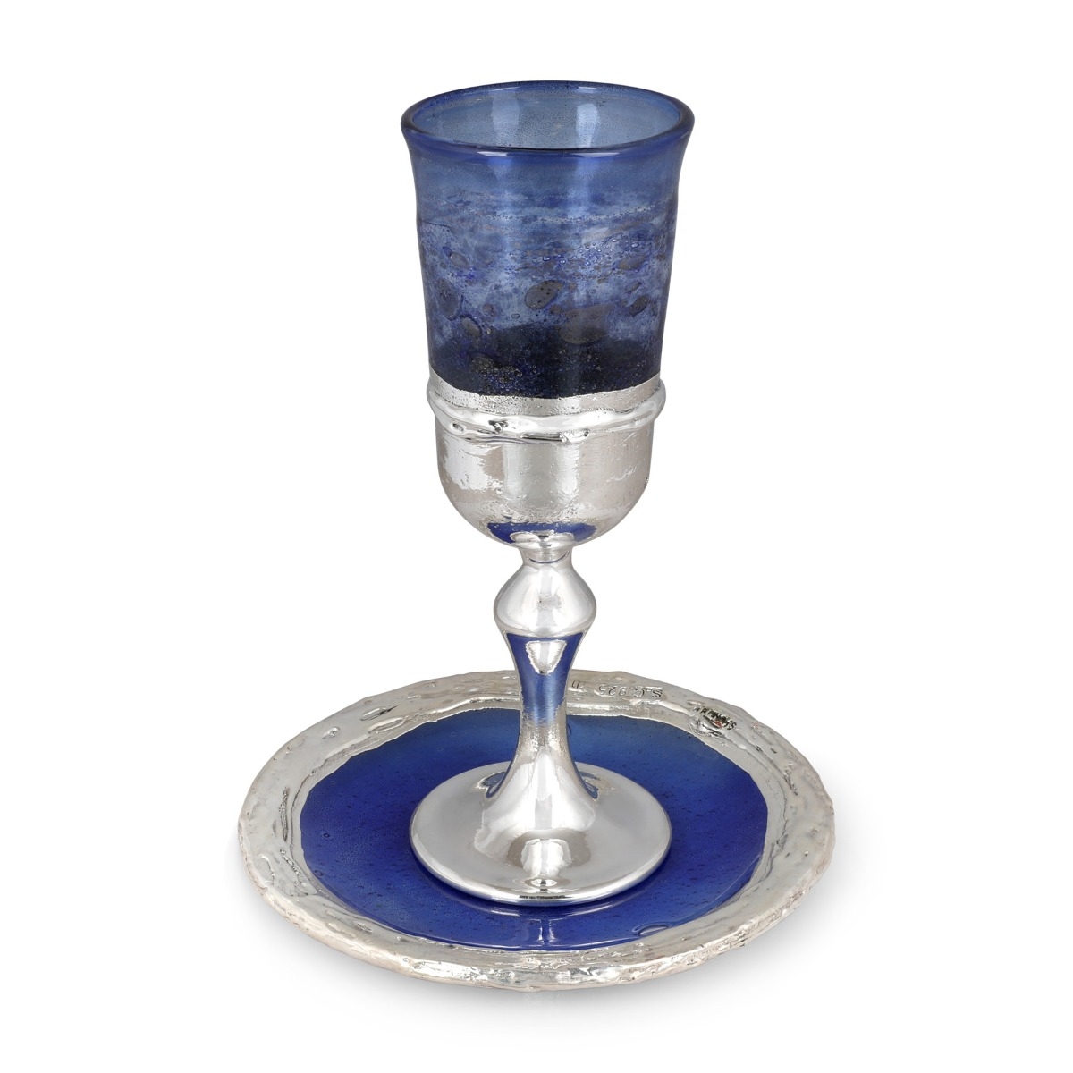 Handmade Blue Glass and Sterling Silver-Plated Kiddush Cup - 2