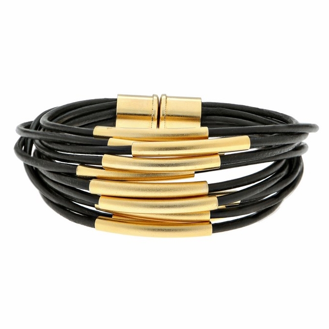 Hagar Satat Leather Gold Plated Multi-String Tubes Bracelet - Black - 2