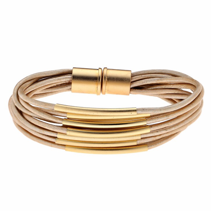 Hagar Satat Leather Gold Plated Multi-String Tubes Bracelet - Toffee - 1