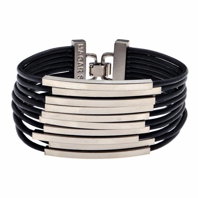 Hagar Satat Leather Silver Plated Stack Bracelet - Black - 1