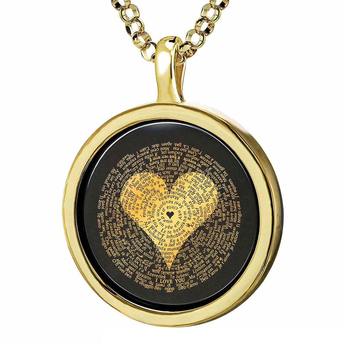 "I Love You" In 120 Languages With Heart Design: Onyx Stone Micro-Inscribed With 24K Gold - 1