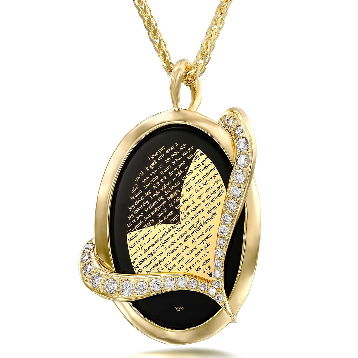 14K Gold and Onyx Necklace Micro-Inscribed in 24K Gold With "I Love You" in 60 Languages and With Diamond-Accented Heart - 1