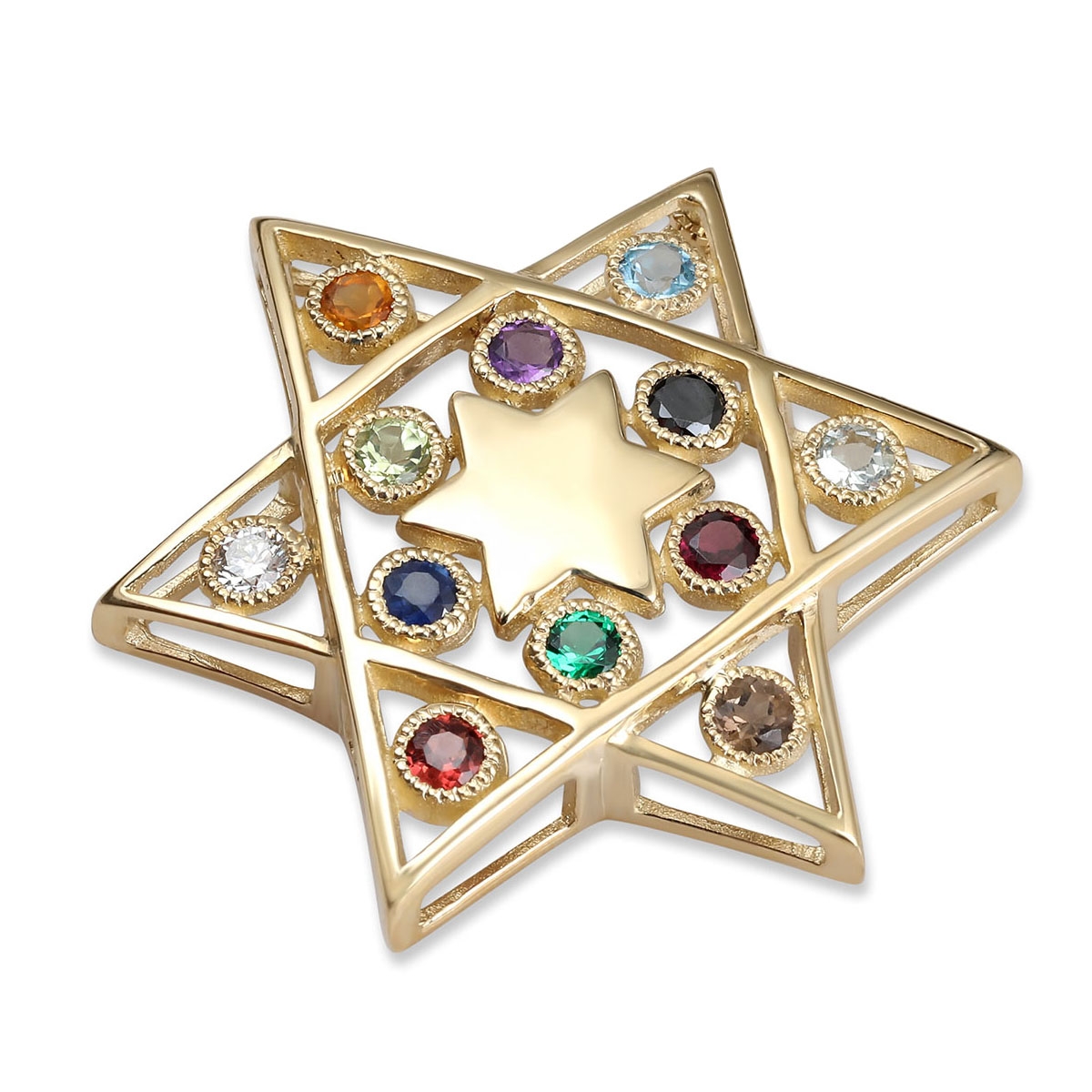 14K Yellow Gold  Hollow Out Star of David Hoshen (Twelve Tribes of Israel) Pendant with Multicolored Gemstones - 1