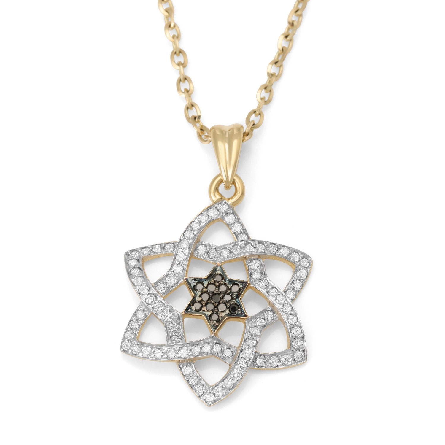 14K Gold Stylish Doubled Star of David Pendant with Black and White Diamonds - 1