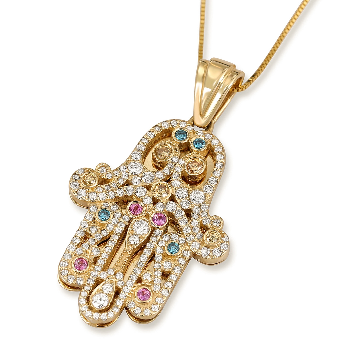 14K Gold and Gemstones Diamond Ornate Hamsa Pendant Necklace  - 1