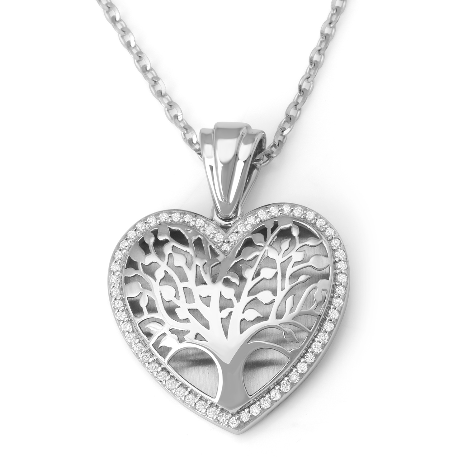 14K White Gold Leafy Tree of Life Heart Pendant with Diamonds - 1