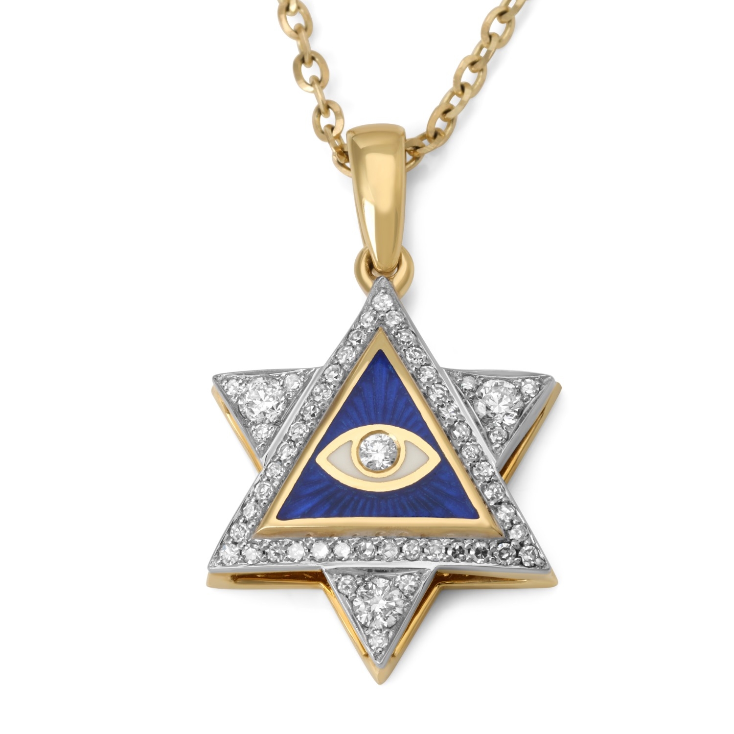 14K Yellow Gold Star of David & Evil Eye Diamond Pendant with Blue and White Enamel - Medium - 1