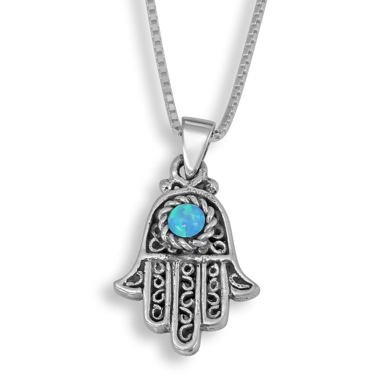 Filigree Hamsa Sterling Silver Necklace with Blue Opal - 1