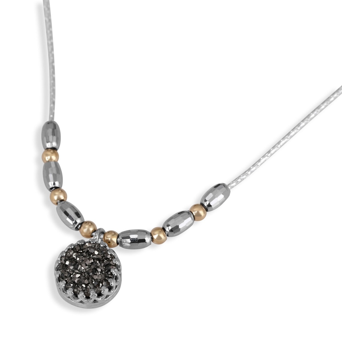 Moriah Jewelry Crown Platinum Druzy Quartz Sterling Silver and Gold Beaded Necklace  - 1
