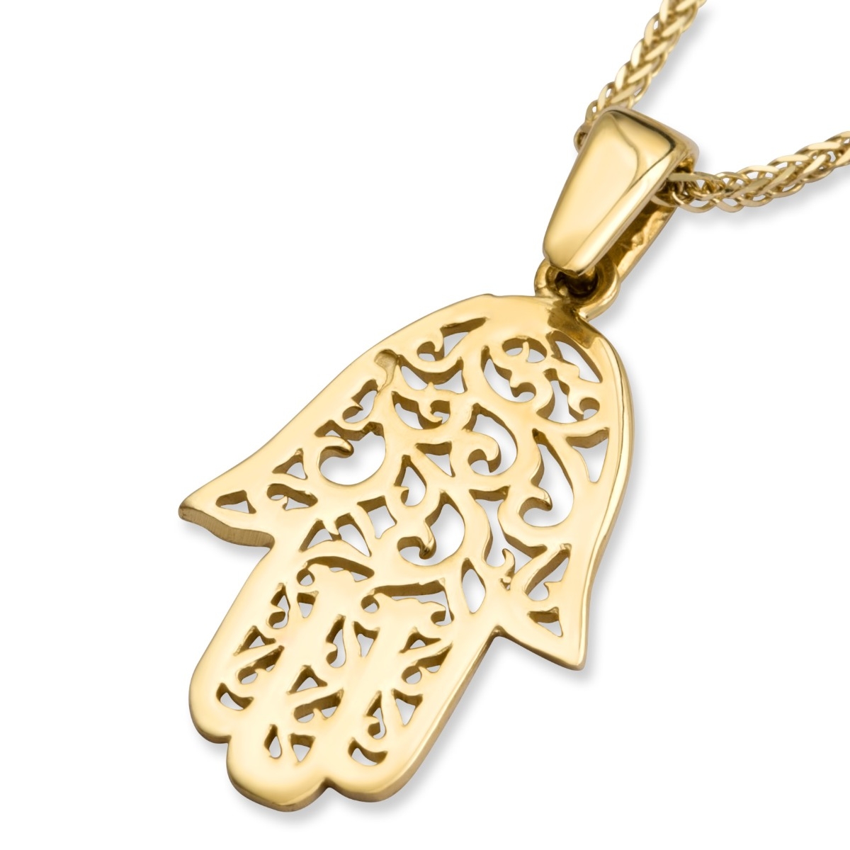 Chic 14K Yellow Gold Hamsa Pendant Necklace With Ornate Design - 1