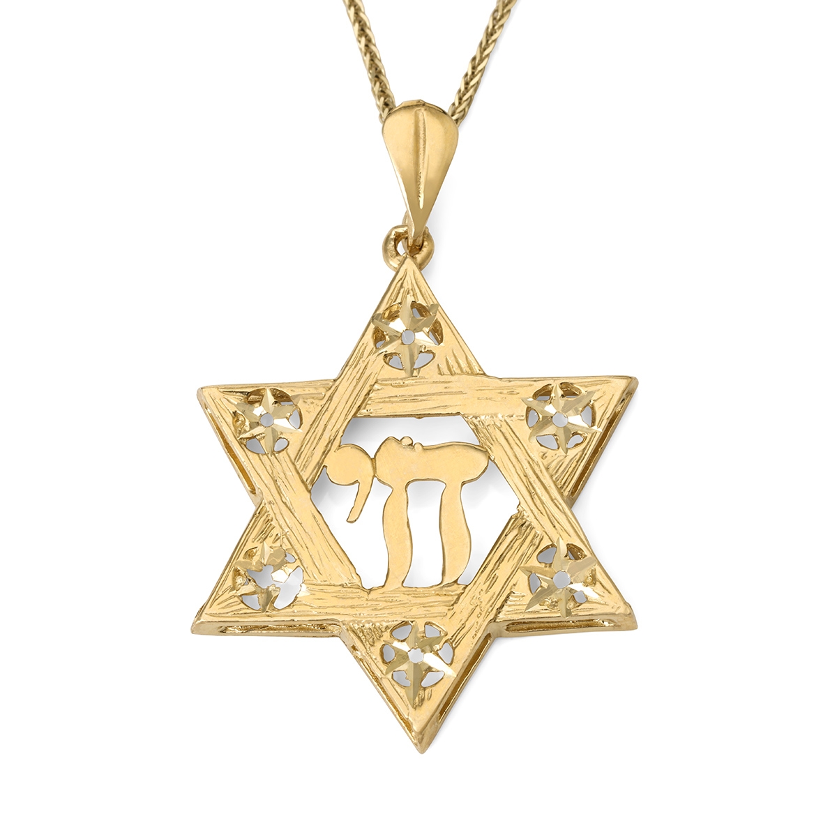 14K Gold Men's Large Textured Star of David and Chai Pendant with Stars - 1