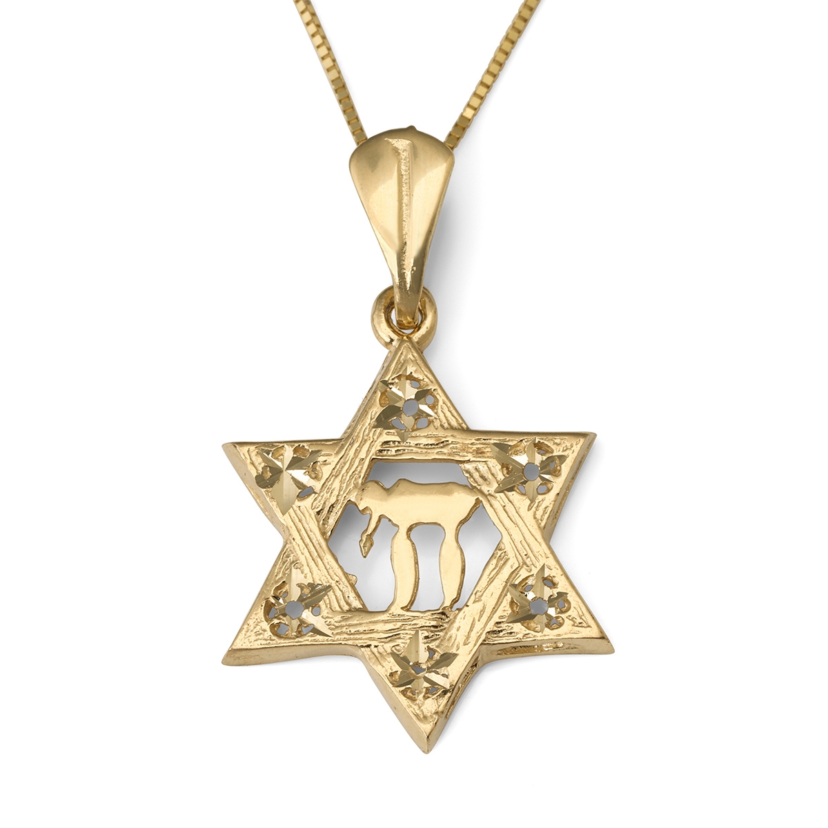 14K Gold Textured Star of David and Chai Pendant with Stars for Women and Kids - 1