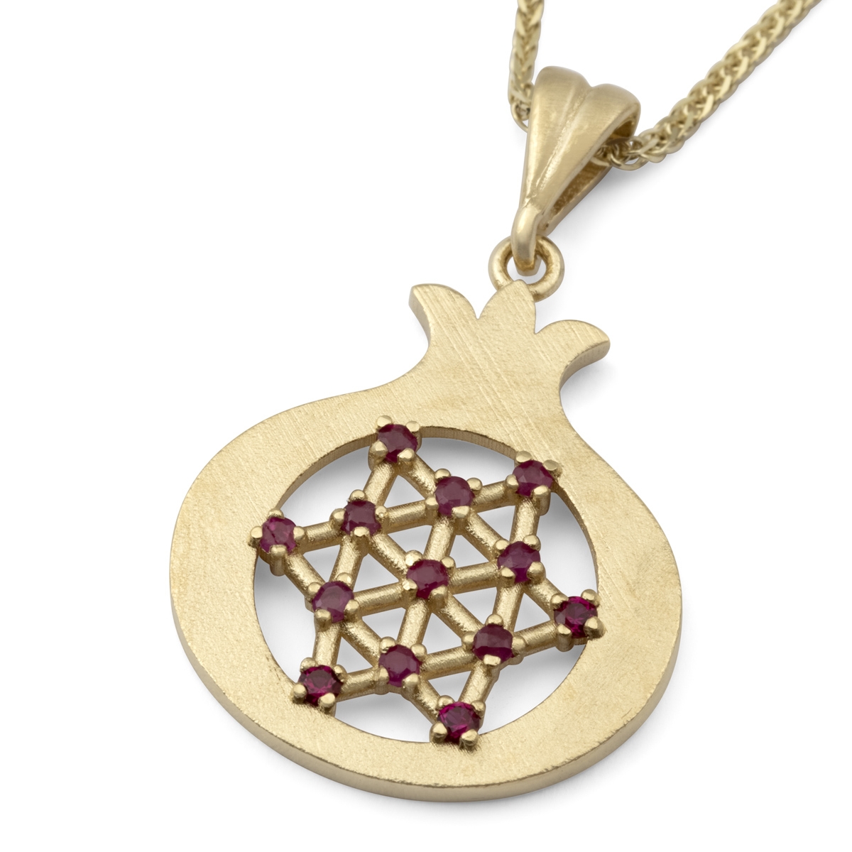14K Yellow Gold Pomegranate Pendant Necklace With Star of David Design - 1