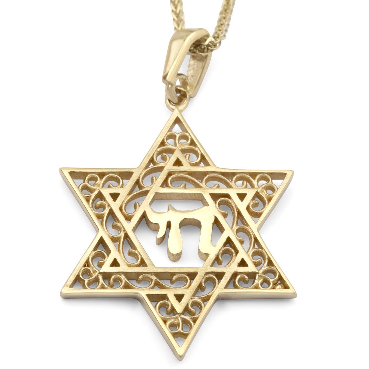 14K Gold Star of David Pendant Necklace With Chai Design - 1