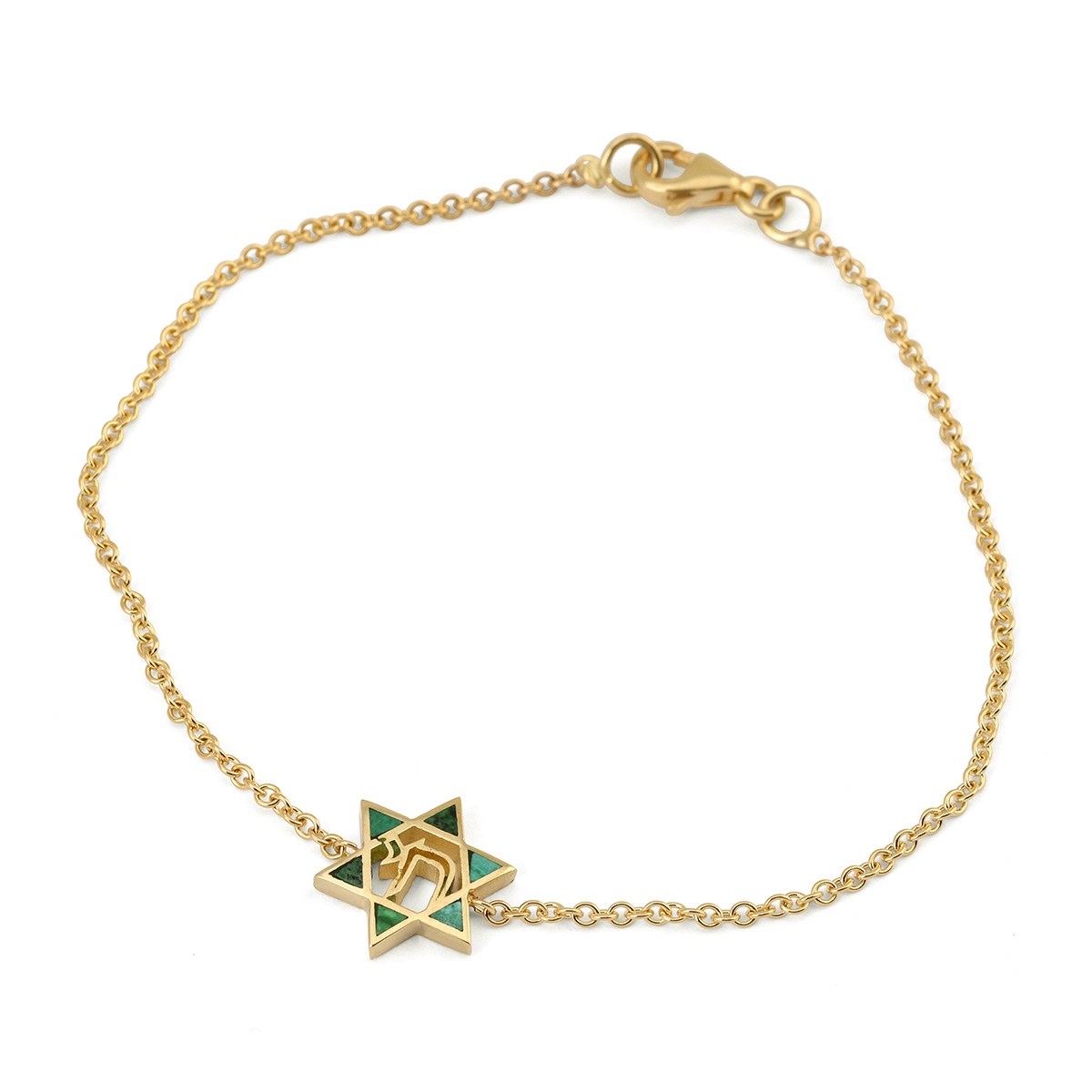 Dainty 14K Yellow Gold Star of David and Chai Chain Bracelet with Eilat Stone - 1