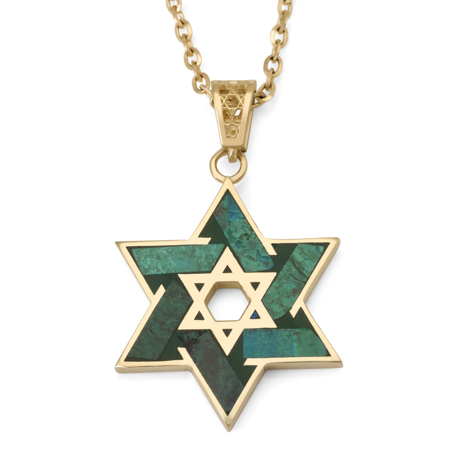 14K Gold Eilat Stone Double Star of David Pendant Necklace - 1