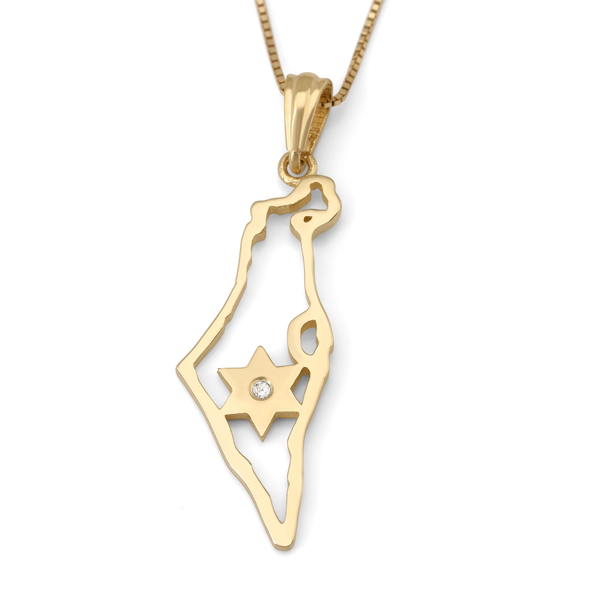 14K Gold Dainty Map of Israel Pendant with Diamond Studded Star of David - 1
