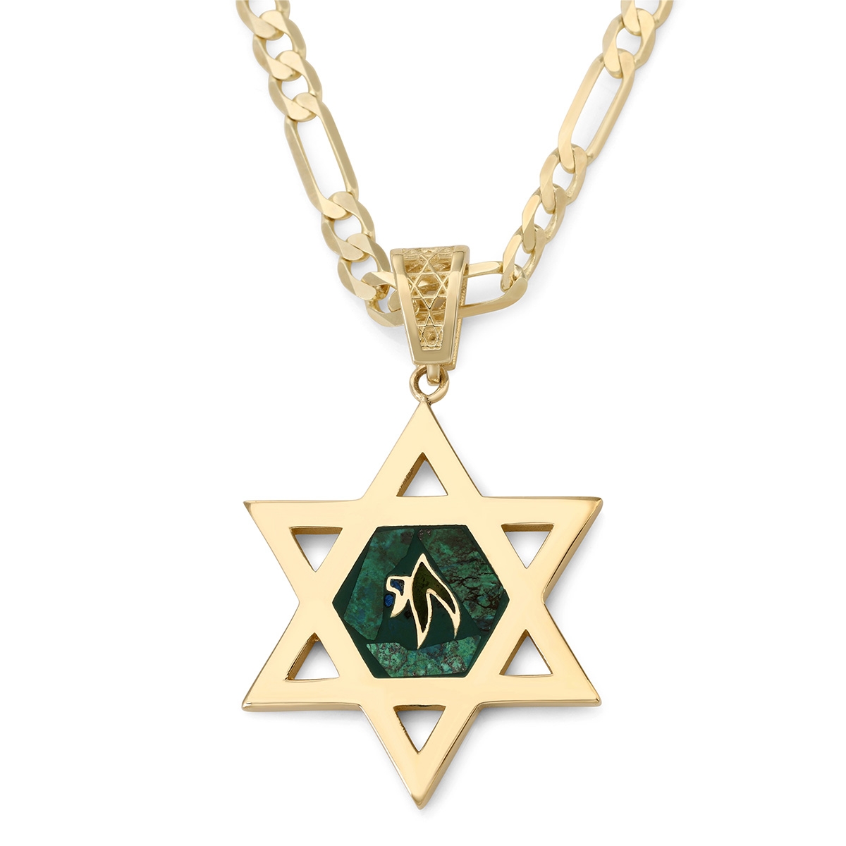Large 14K Yellow Gold Men's Star of David Pendant with Engraved Chai on Eilat Stone - 1