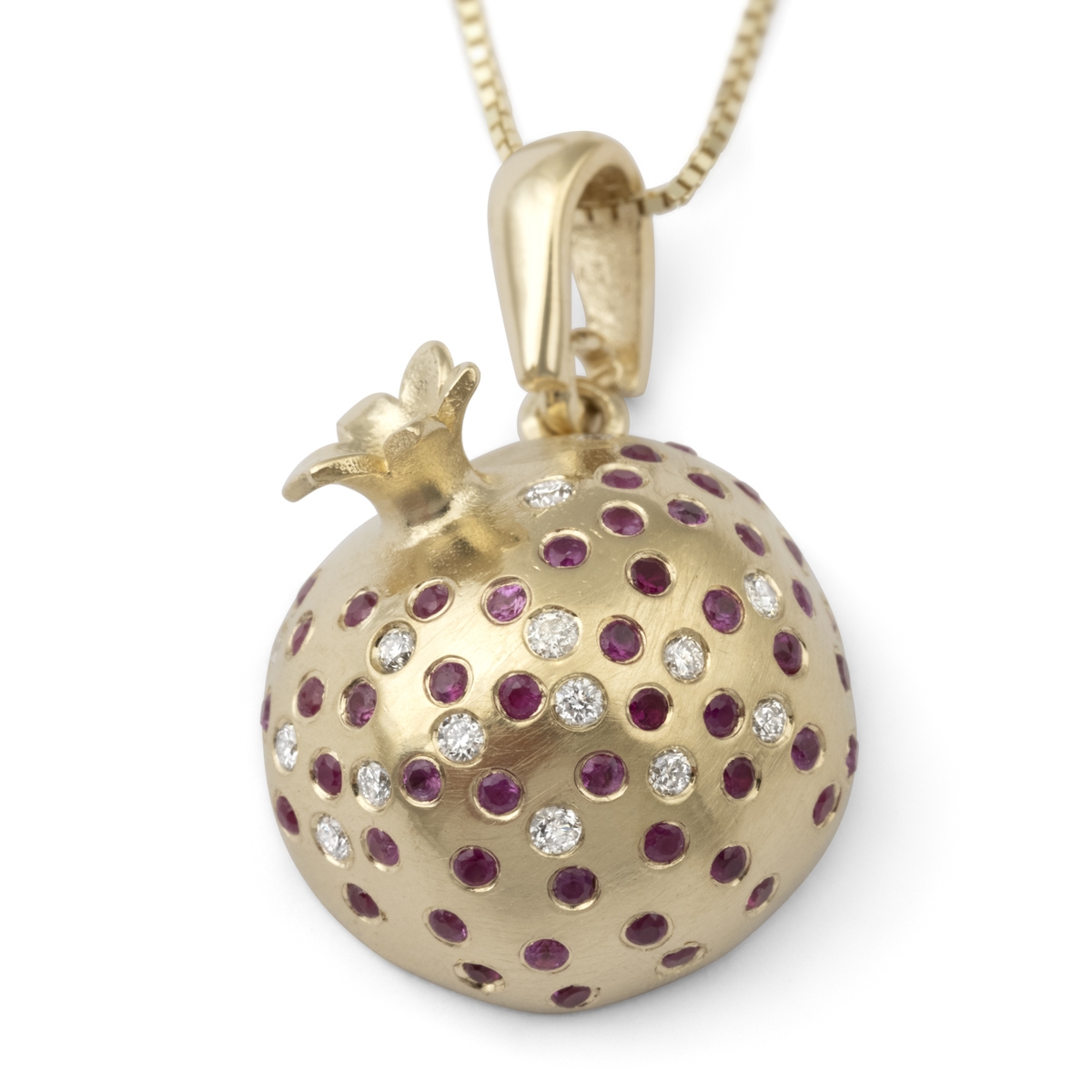 Three-Dimensional 14K Yellow Gold Pomegranate Pendant Necklace With White Diamonds and Ruby Stones - 1