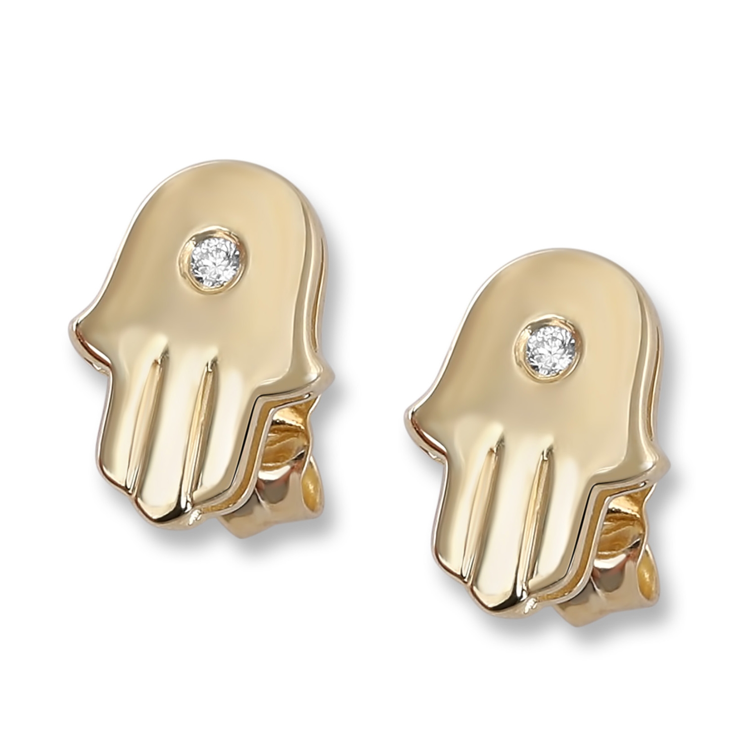 14K Gold Hamsa Stud Earrings with Diamond Stones - 1