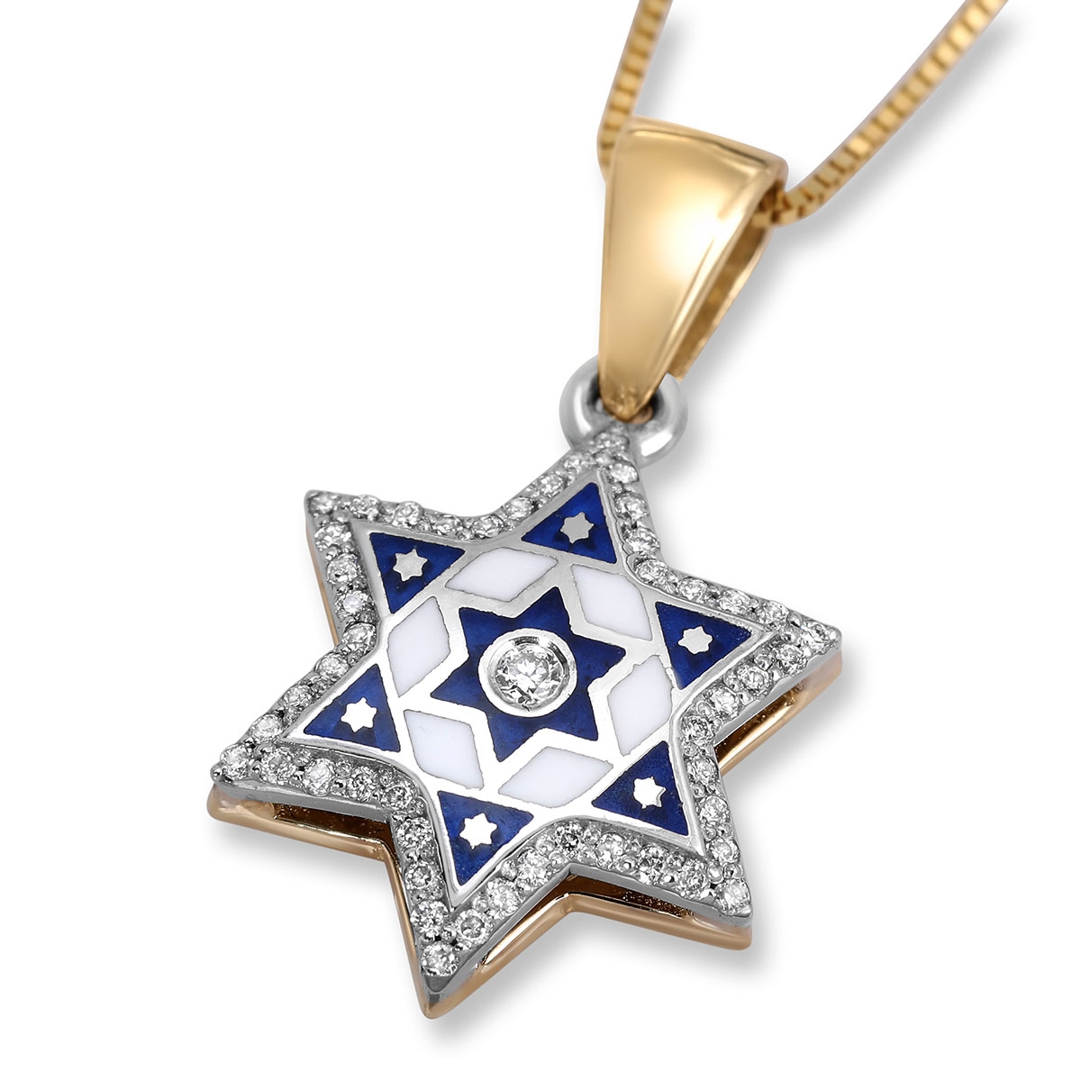 Star of David 14K Gold and Blue Enamel Diamond Necklace  - 1