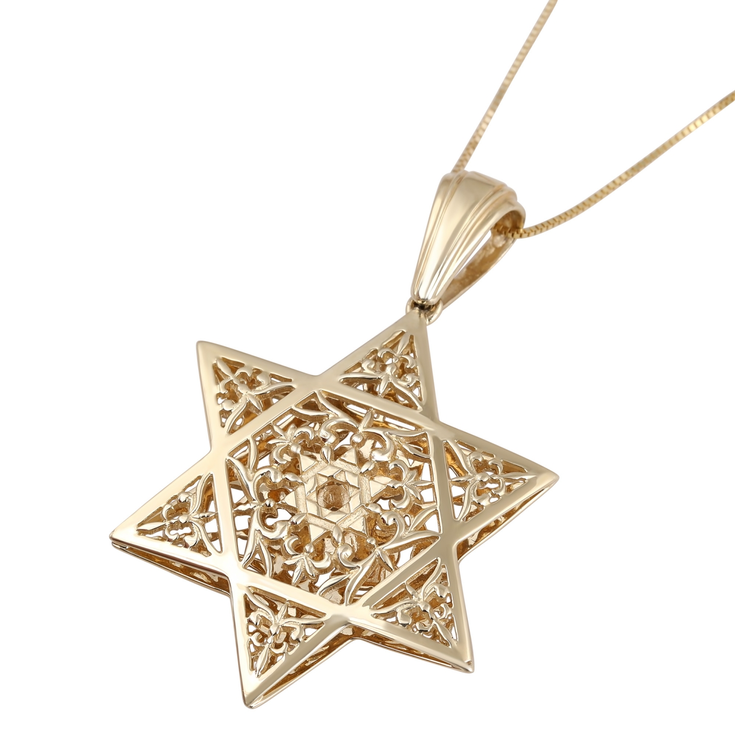 14K Gold Double Star of David Pendant with Filigree-Inspired Patterns - 1