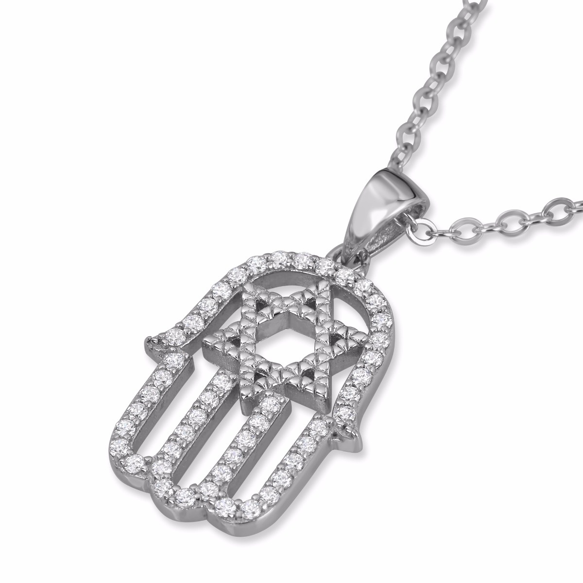 Silver and Zirconia Hamsa Necklace with Star of David - 1