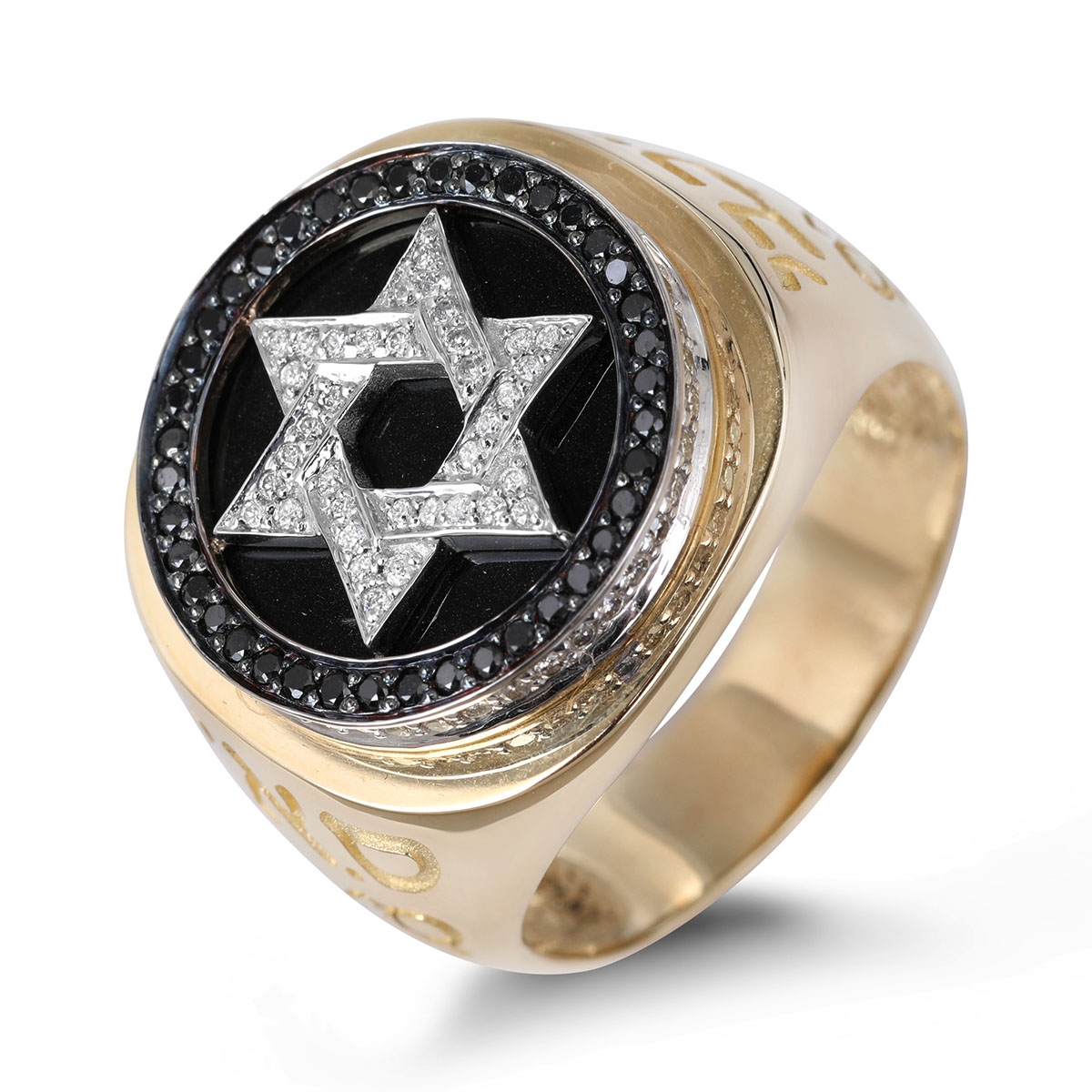 Interlocked Star of David 14K Gold Black and White Diamond Men's Kabbalah Ring - 1
