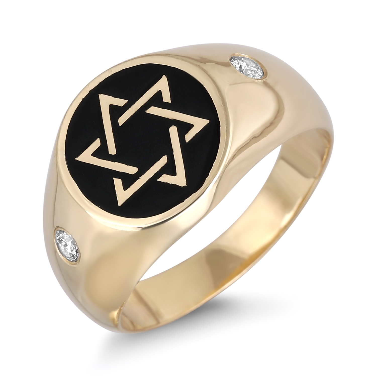 14K Yellow Gold and Black Enamel Star of David Ring with Diamond Stones - 1