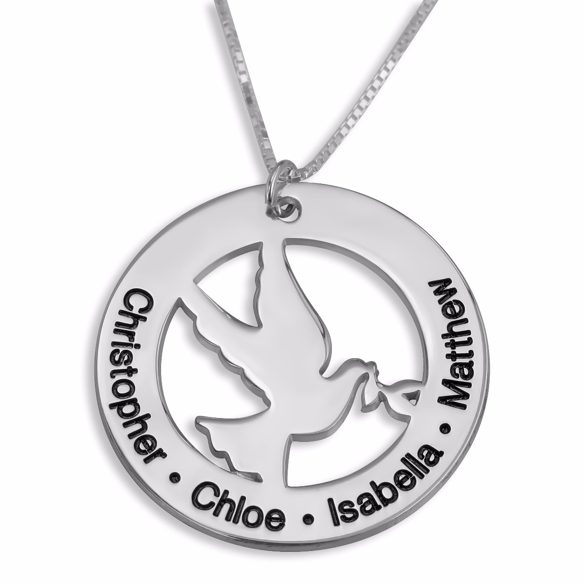 Double Thickness Silver Dove Names Necklace (English/Hebrew)  - 1