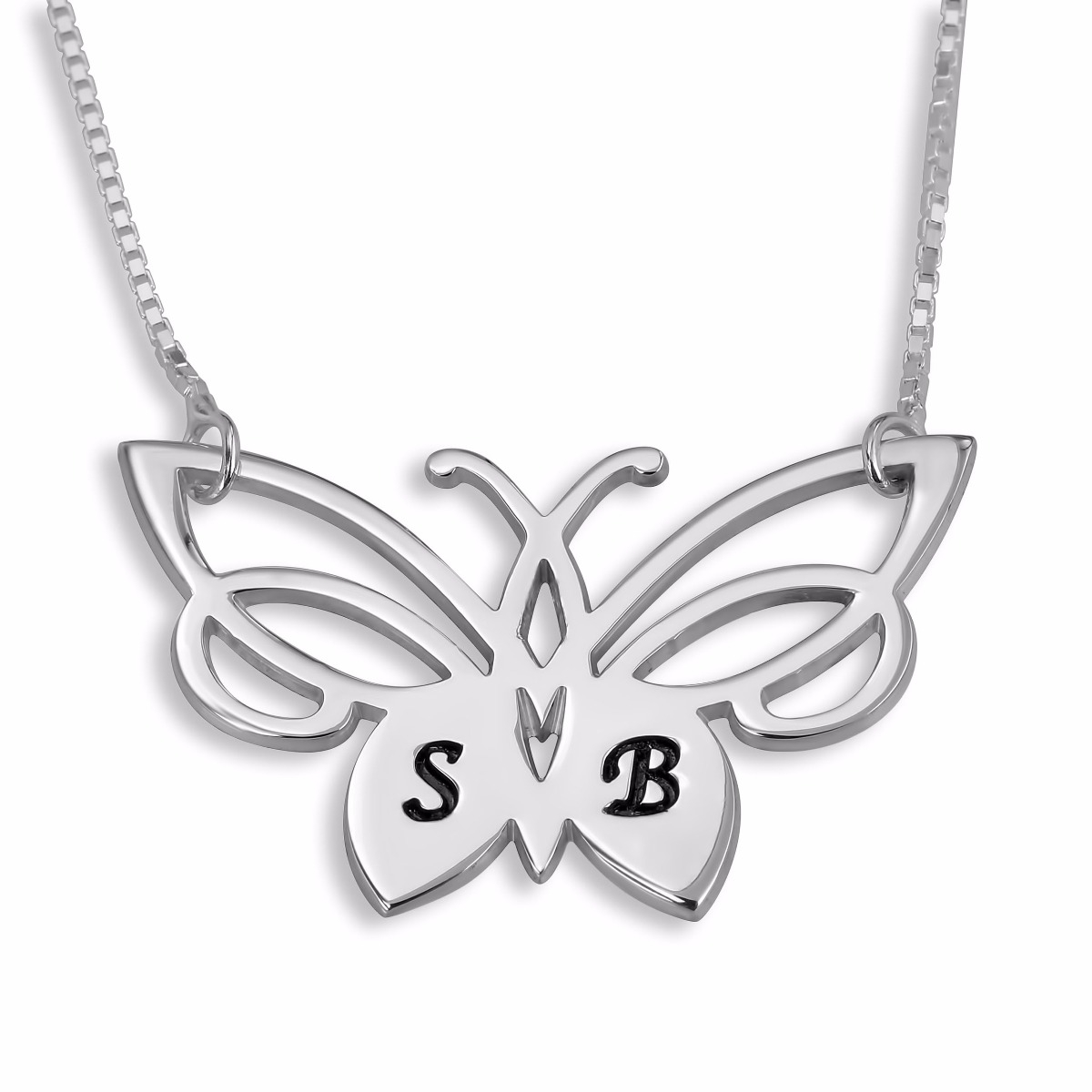 Double Thickness Silver Butterfly Initials Necklace (English/Hebrew)  - 1