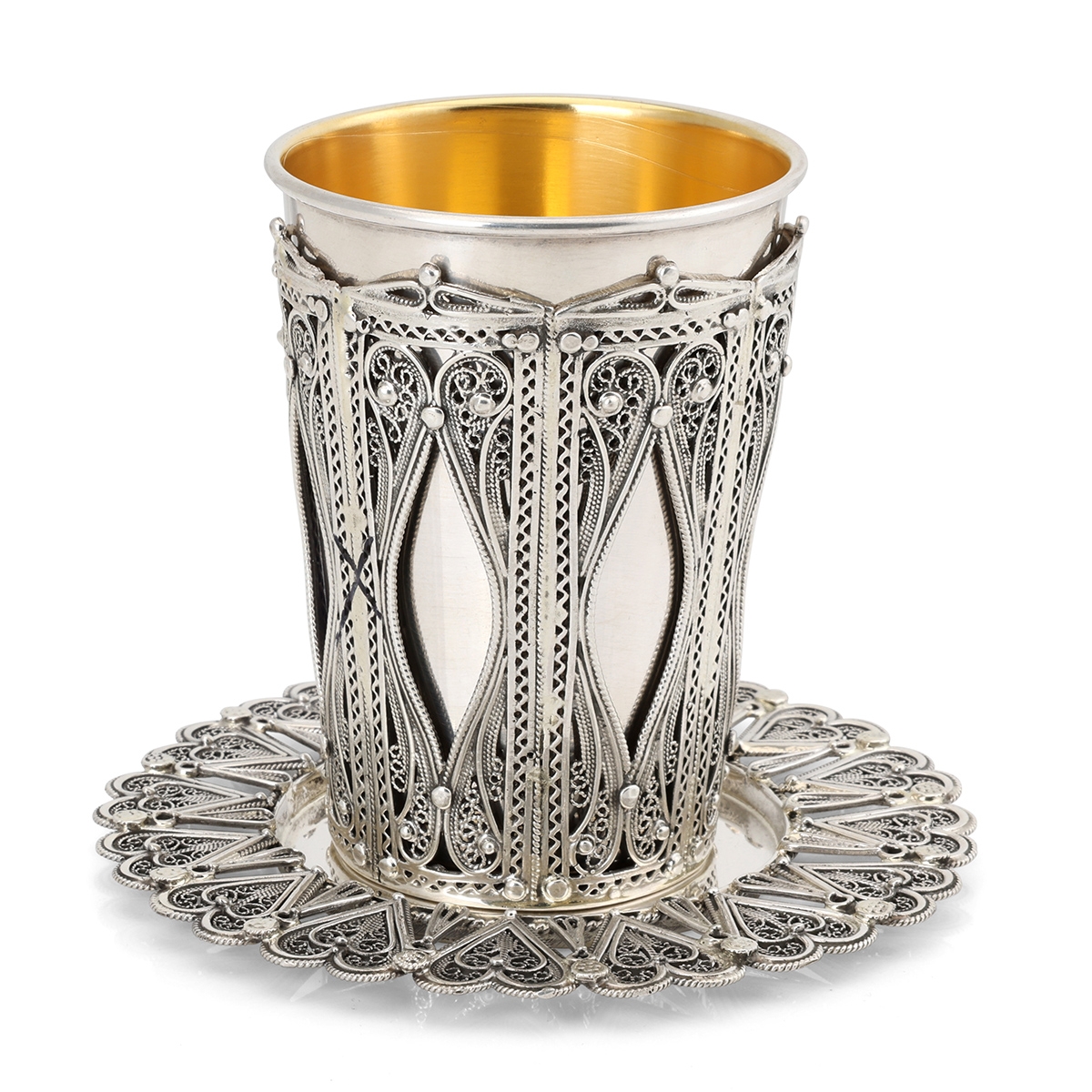 Traditional Yemenite Art Handcrafted Sterling Silver Luxury Kiddush Cup In Decorative Holder - 1
