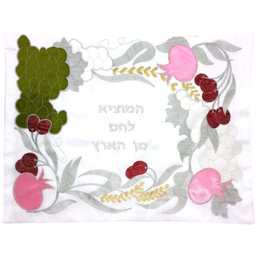 White Seven Species Challah Cover - Colorful with Silver  - 1