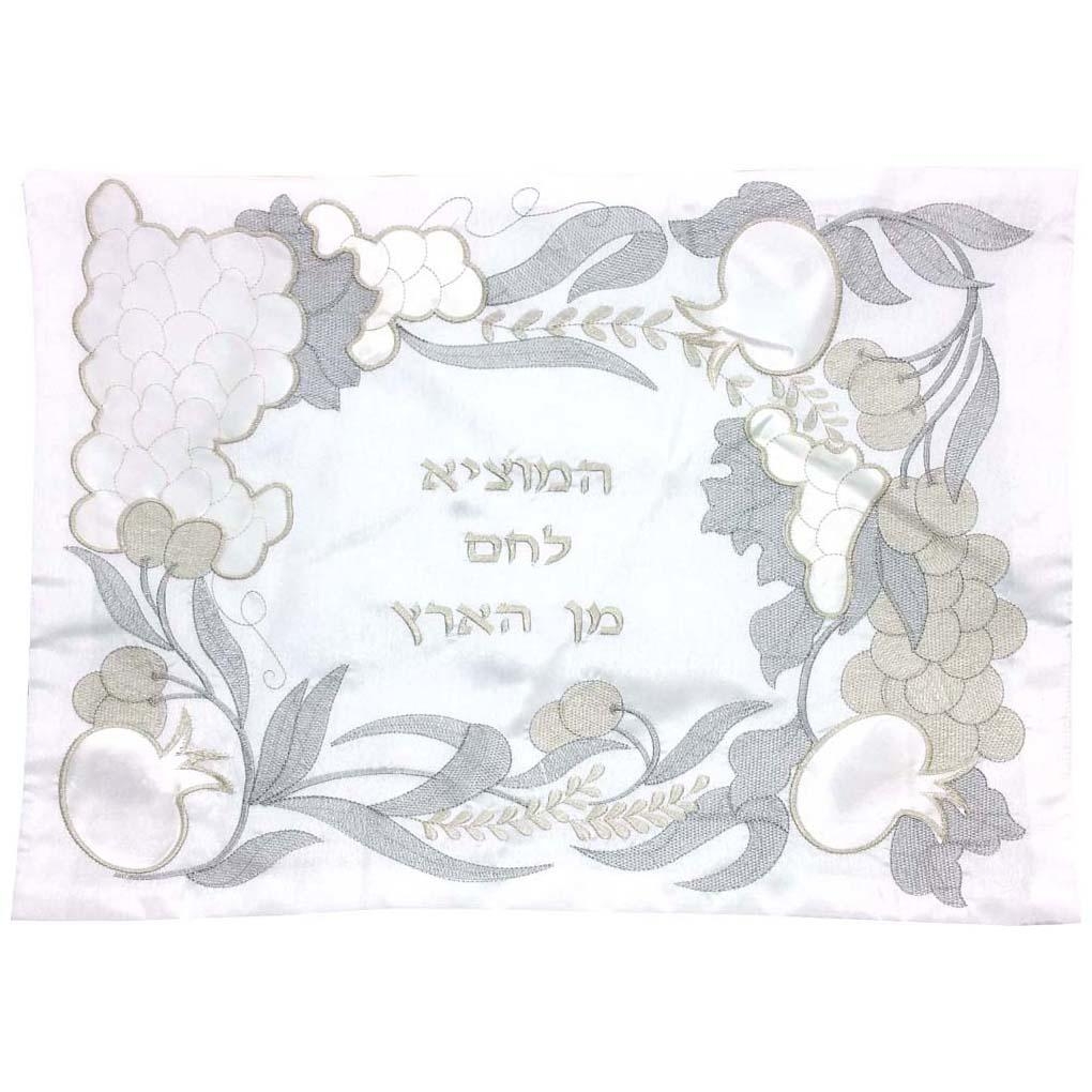 White Seven Species Challah Cover - Washed-Out with Silver - 1