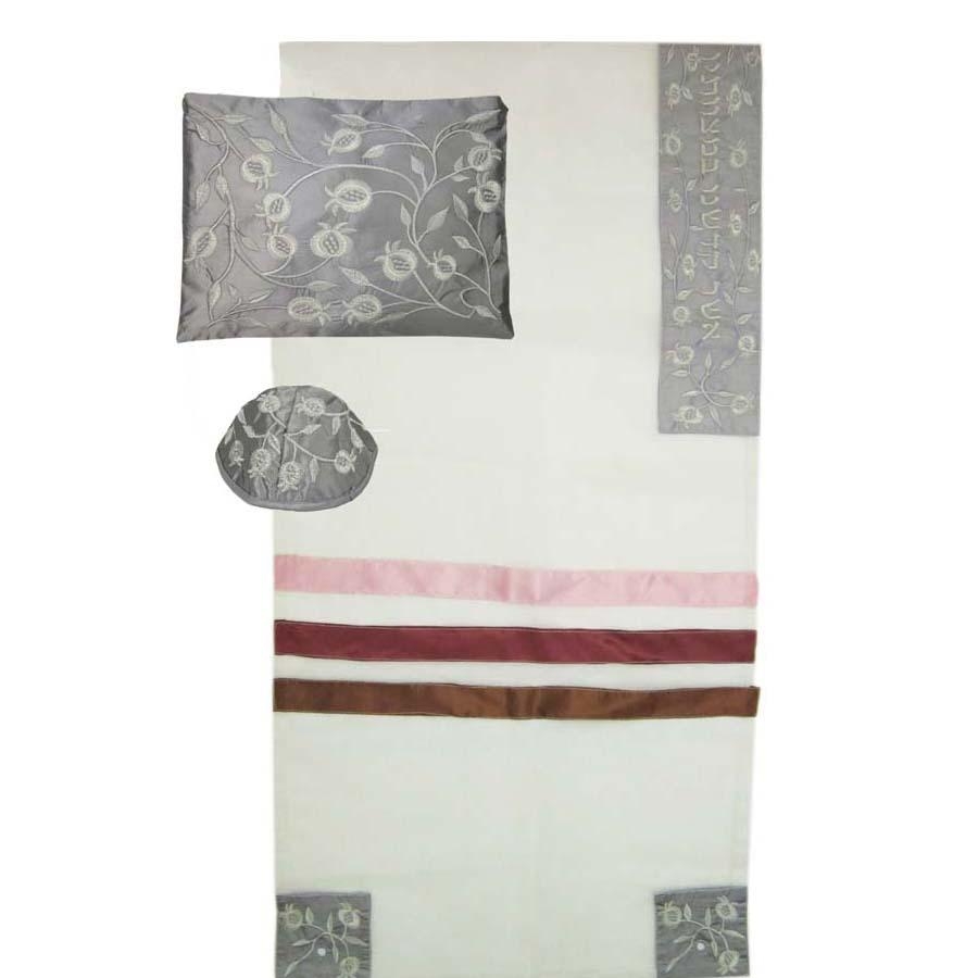 White Tallit Set with Grey Panels and Pomegranates - 1