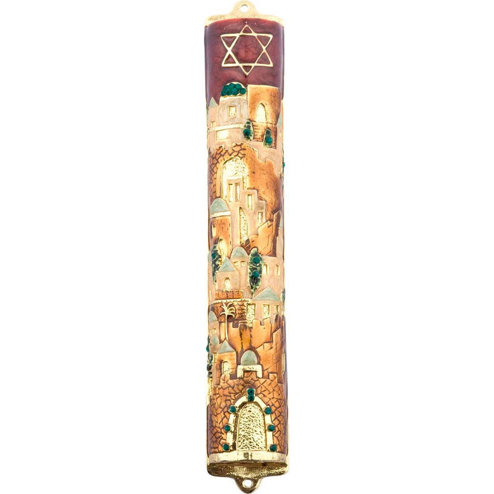 Enameled Jeweled Star of David and Old Jerusalem Mezuzah Case - Medium, Red - 1