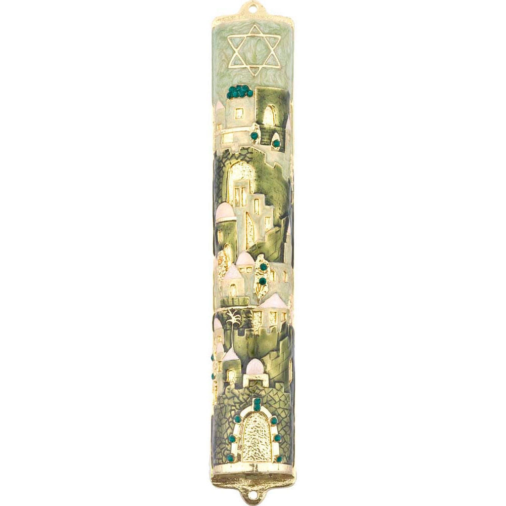 Enameled Jeweled Star of David and Old Jerusalem Mezuzah Case - Medium, Green - 1