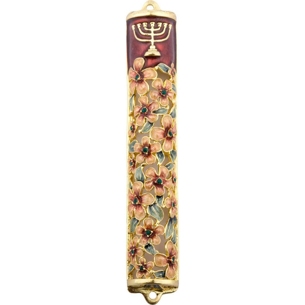 Enameled Jeweled Menorah and Flower Mezuzah Case - Medium, Red - 1