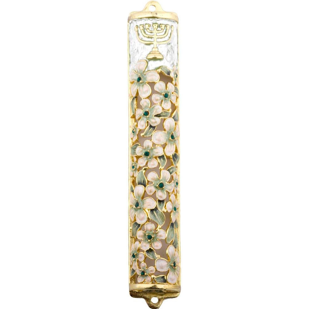 Enameled Jeweled Menorah and Flower Mezuzah Case - Medium, Green - 1