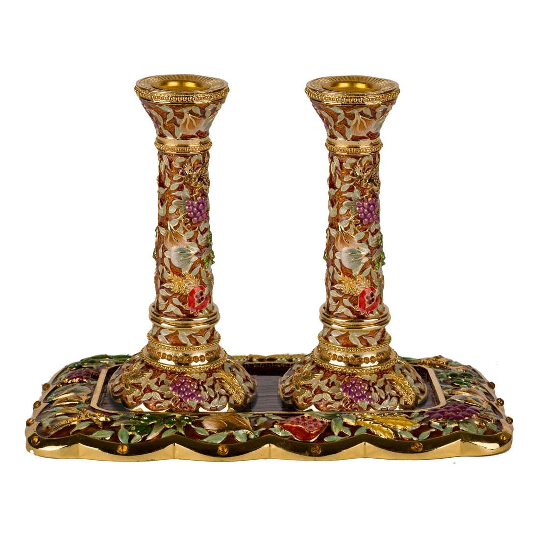 24K Gold Plated Jeweled Seven Species Candlesticks - Brown with Emerald Crystal Band - 1