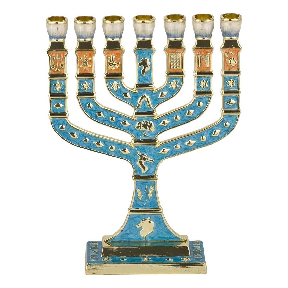 Light Blue Knesset with Jerusalem and 12 Tribes 7-Branched Enamel Menorah - 1
