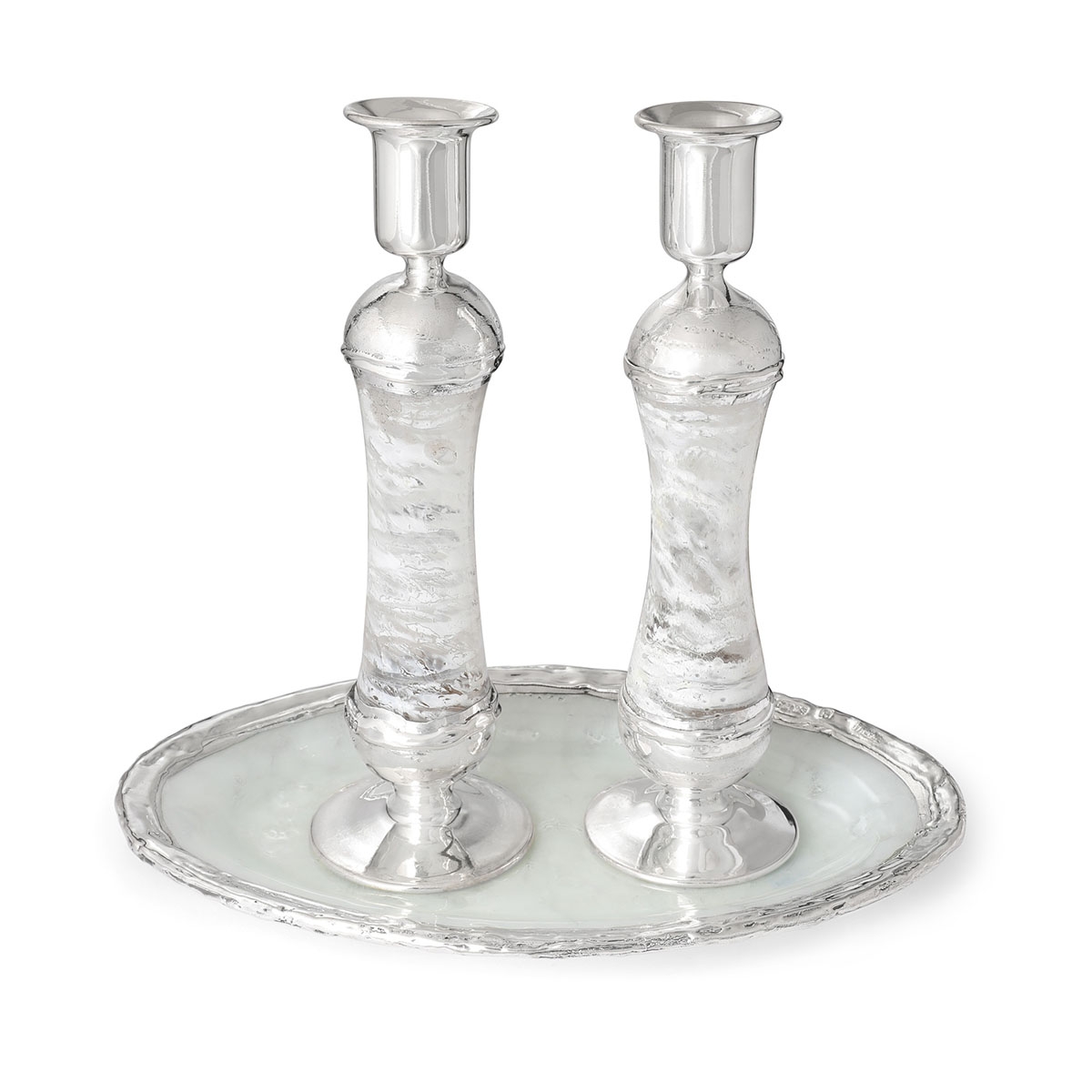 Large Sterling Silver-Plated Glass Shabbat Candlesticks (White) - 1