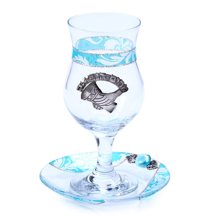 Painted Glass Miriam Cup: Light Blue & Silver. Lily Art - 1