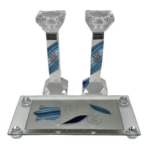 Lily Art Crystal Hamsa Candlesticks with Floral Tray (Blue) - 1