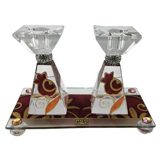 Lily Art Crystal Pyramid Pomegranate Candlesticks with Tray (Burgundy) - 1